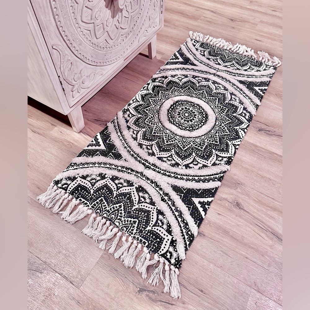 Boho Cream Medallion Print Rug w/ Fringe Tassels